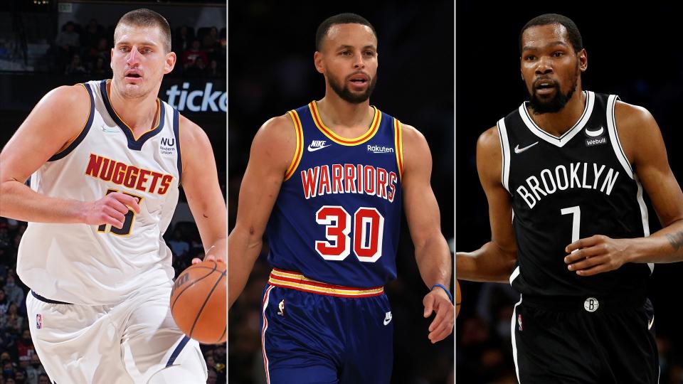 Nikola Jokic (Denver Nuggets), Steph Curry (Golden State Warriors), Kevin Durant (Brooklyn Nets)