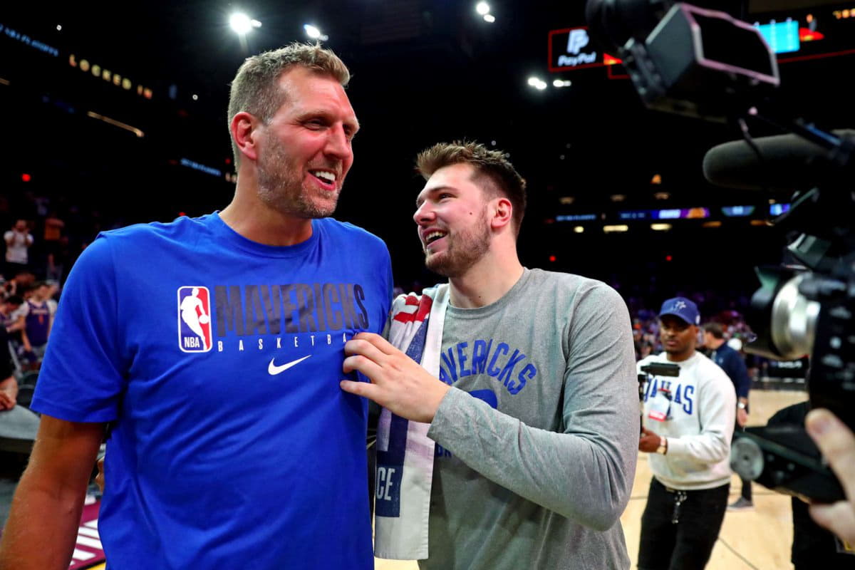 Dirk Nowitzki pays a go to to Luka Doncic for Slovenia vs. Swede luka doncic attire n