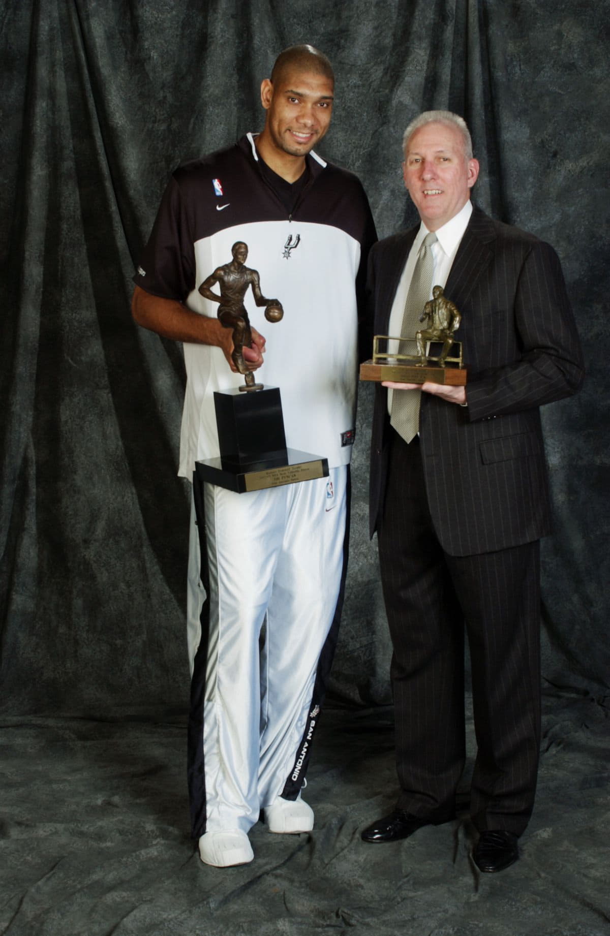 Duncan and coach Popovich pose with MVP and Coach of the Year Award