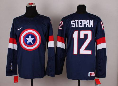 2015 Men's Team USA #12 Derek Stepan Captain America Fashion Navy Blue Jersey