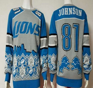 Men's Detroit Lions #81 Calvin Johnson Gray With Blue NFL Sweater