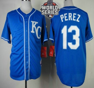 Men's Kansas City Royals #13 Salvador Perez KC Blue Alternate Baseball Jersey With 2015 World Series Patch