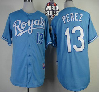 Men's Kansas City Royals #13 Salvador Perez Light Blue Alternate Baseball Jersey With 2015 World Series Patch