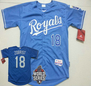 Men's Kansas City Royals #18 Ben Zobrist Light Blue Alternate Baseball Jersey With 2015 World Series Patch