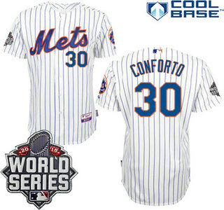 New York Mets Authentic #30 Michael Conforto Home White Pinstripe Jersey with 2015 World Series Participant Patch