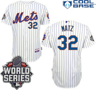 New York Mets Authentic #32 Steven Matz Home White Pinstripe Jersey with 2015 World Series Participant Patch