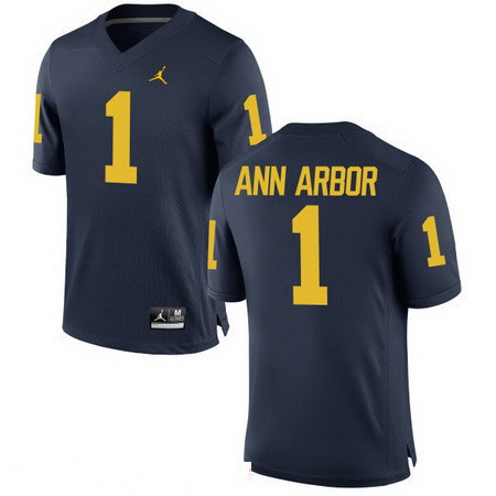 Men's Michigan Wolverines #1 Ann Arbor Navy Blue Stitched College Football Brand Jordan NCAA Jersey