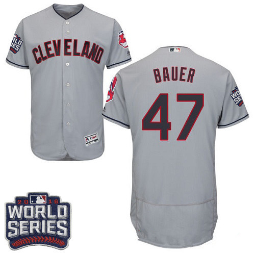 Men's Cleveland Indians #47 Trevor Bauer Gray Road 2016 World Series Patch Stitched MLB Majestic Flex Base Jersey