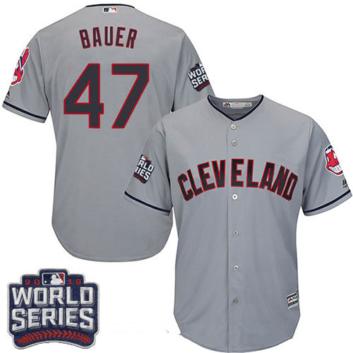 Men's Cleveland Indians #47 Trevor Bauer Gray Road 2016 World Series Patch Stitched MLB Majestic Cool Base Jersey