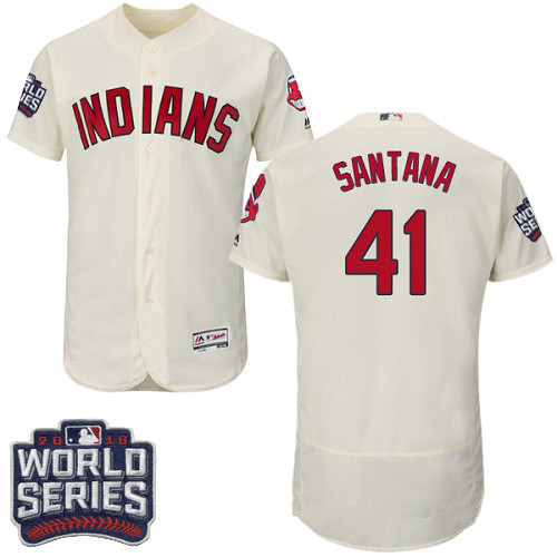 Men's Cleveland Indians #41 Carlos Santana Cream 2016 World Series Patch Stitched MLB Majestic Flex Base Jersey