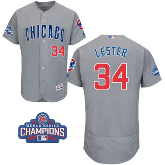 Men's Chicago Cubs #34 Jon Lester Gray Road Majestic Flex Base 2016 World Series Champions Patch Jersey