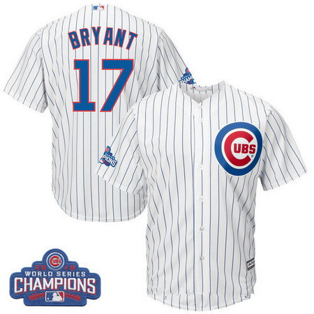 Men's Chicago Cubs #17 Kris Bryant Majestic White Home 2016 World Series Champions Team Logo Patch Player Jersey