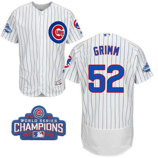 Men's Chicago Cubs #52 Justin Grimm White Home Majestic Flex Base 2016 World Series Champions Patch Jersey