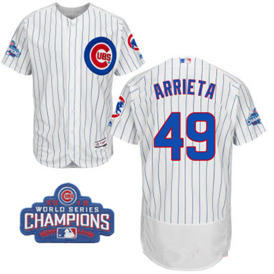 Men's Chicago Cubs #49 Jake Arrieta White Home Majestic Flex Base 2016 World Series Champions Patch Jersey