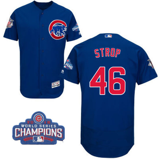 Men's Chicago Cubs #46 Pedro Strop Royal Blue Majestic Flex Base 2016 World Series Champions Patch Jersey