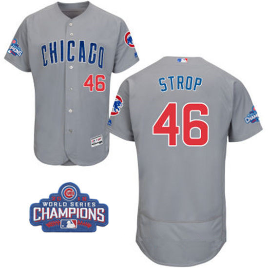 Men's Chicago Cubs #46 Pedro Strop Gray Road Majestic Flex Base 2016 World Series Champions Patch Jersey