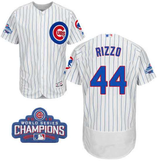 Men's Chicago Cubs #44 Anthony Rizzo White Home Majestic Flex Base 2016 World Series Champions Patch Jersey
