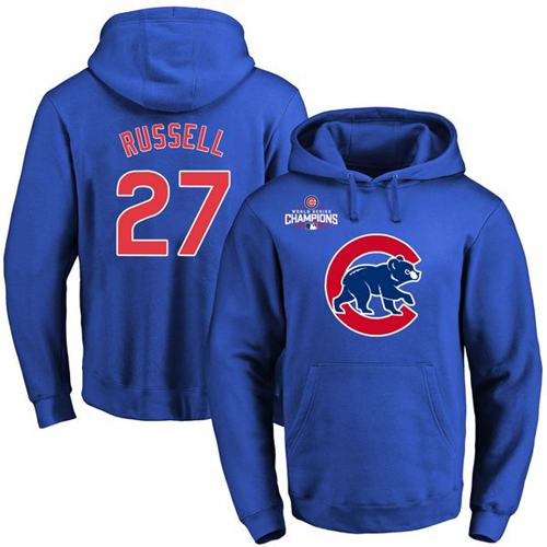 Cubs #27 Addison Russell Blue 2016 World Series Champions Primary Logo Pullover MLB Hoodie