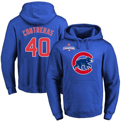 Cubs #40 Willson Contreras Blue 2016 World Series Champions Primary Logo Pullover MLB Hoodie