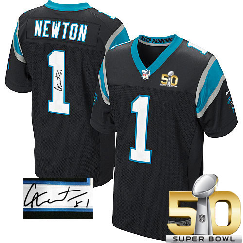 Nike Panthers #1 Cam Newton Black Team Color Super Bowl 50 Men's Stitched NFL Elite Autographed Jersey