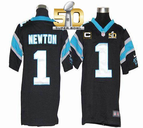 Nike Panthers #1 Cam Newton Black Team Color With C Patch Super Bowl 50 Youth Stitched NFL Elite Jersey