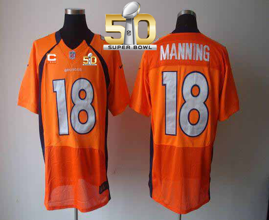 Nike Broncos #18 Peyton Manning Orange Team Color With C Patch Super Bowl 50 Men's Stitched NFL Elite Jersey