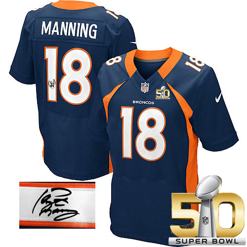 Nike Broncos #18 Peyton Manning Navy Blue Alternate Super Bowl 50 Men's Stitched NFL Elite Autographed Jersey