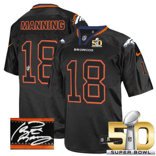 Nike Broncos #18 Peyton Manning Lights Out Black Super Bowl 50 Men's Stitched NFL Elite Autographed Jersey