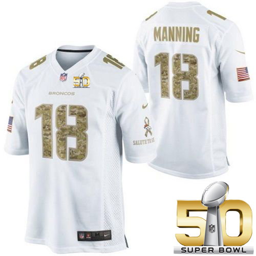 Nike Broncos #18 Peyton Manning White Super Bowl 50 Men's Stitched NFL Limited Salute to Service Jersey