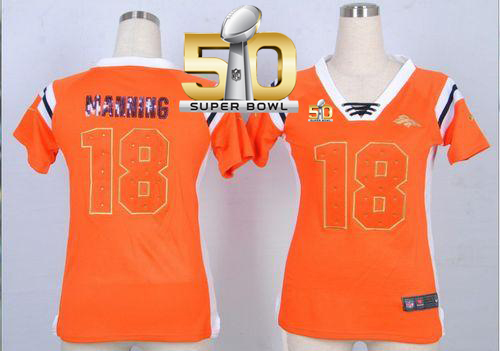 Nike Broncos #18 Peyton Manning Orange Super Bowl 50 Women's Stitched NFL Elite Draft Him Shimmer Jersey