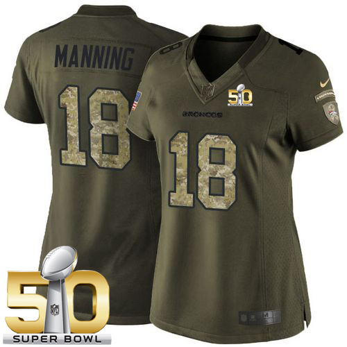 Nike Broncos #18 Peyton Manning Green Super Bowl 50 Women's Stitched NFL Limited Salute to Service Jersey