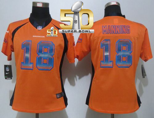Nike Broncos #18 Peyton Manning Orange Team Color Super Bowl 50 Women's Stitched NFL Elite Strobe Jersey