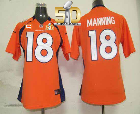 Nike Broncos #18 Peyton Manning Orange Team Color With C Patch Super Bowl 50 Women's Stitched NFL Elite Jersey