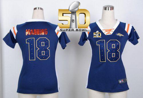Nike Broncos #18 Peyton Manning Navy Blue Super Bowl 50 Women's Stitched NFL Elite Draft Him Shimmer Jersey