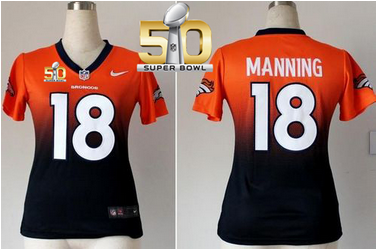 Nike Broncos #18 Peyton Manning OrangeBlue Super Bowl 50 Women's Stitched NFL Elite Fadeaway Fashion Jersey
