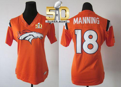 Nike Broncos #18 Peyton Manning Orange Team Color Super Bowl 50 Women's Stitched NFL Team Diamond Elite Jersey