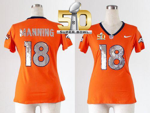 Nike Broncos #18 Peyton Manning Orange Team Color Handwork Sequin Lettering Super Bowl 50 Women's Stitched NFL Elite Jersey