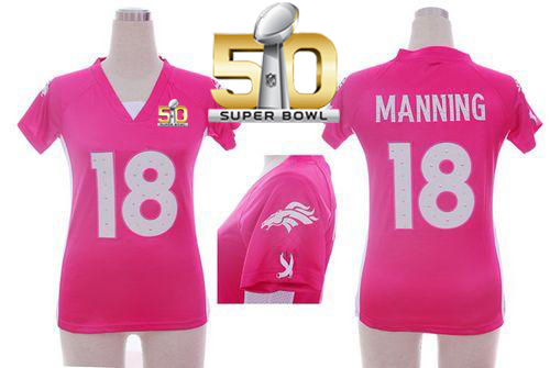 Nike Broncos #18 Peyton Manning Pink Draft Him Name & Number Top Super Bowl 50 Women's Stitched NFL Elite Jersey