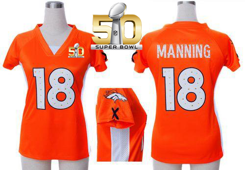 Nike Broncos #18 Peyton Manning Orange Team Color Draft Him Name & Number Top Super Bowl 50 Women's Stitched NFL Elite Jersey