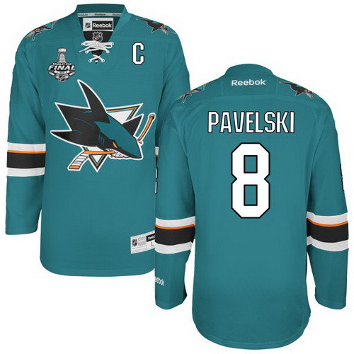 Men's San Jose Sharks #8 Joe Pavelski Teal Blue 2016 Stanley Cup Home NHL Finals C Patch Jersey