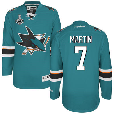 Men's San Jose Sharks #7 Paul Martin Teal Blue 2016 Stanley Cup Home NHL Finals Patch Jersey