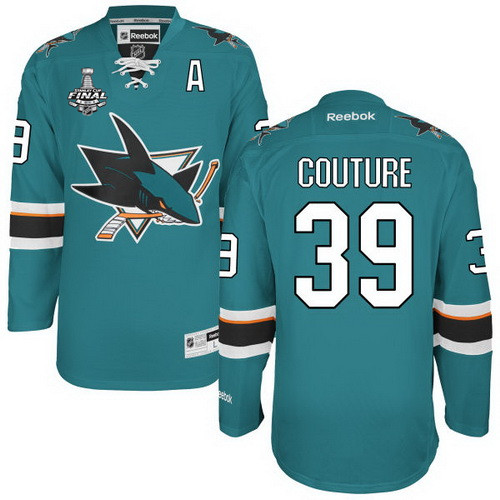 Men's San Jose Sharks #39 Logan Couture Teal Blue 2016 Stanley Cup Home NHL Finals A Patch Jersey