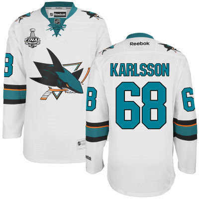 Men's San Jose Sharks #68 Melker Karlsson White 2016 Stanley Cup Away NHL Finals Patch Jersey