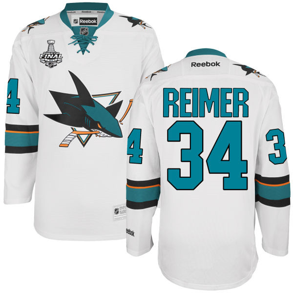 Men's San Jose Sharks #34 James Reimer White 2016 Stanley Cup Away NHL Finals Patch Jersey