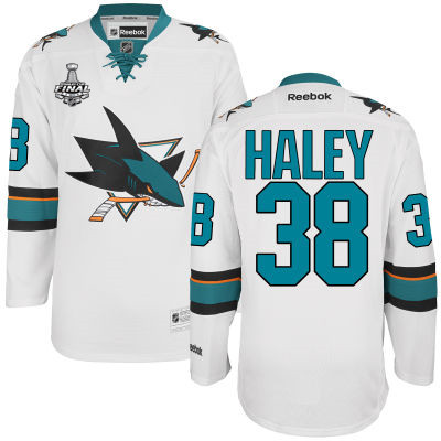 Men's San Jose Sharks #38 Micheal Haley White 2016 Stanley Cup Away NHL Finals Patch Jersey