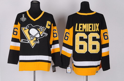Men's Pittsburgh Penguins #66 Mario Lemieux Retired Black Throwback CCM 2016 Stanley Cup NHL Finals C Patch Jersey