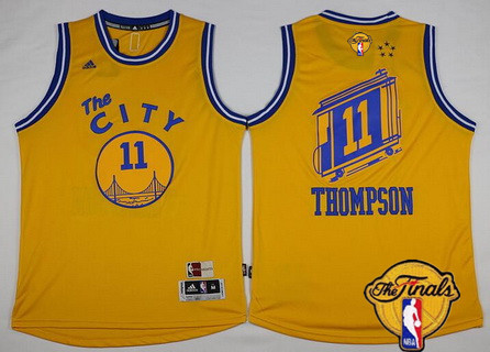 Men's Golden State Warriors #11 Klay Thompson Retro Yellow 2016 The NBA Finals Patch Jersey