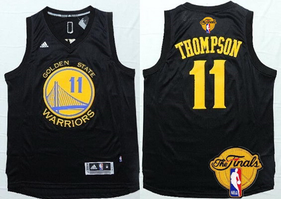 Men's Golden State Warriors #11 Klay Thompson Black With Gold 2016 The NBA Finals Patch Jersey