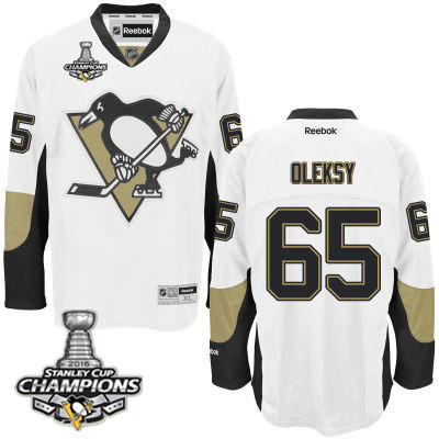 Men's Pittsburgh Penguins #65 Steve Oleksy White Road Jersey w 2016 Stanley Cup Champions Patch