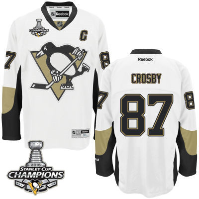 Men's Pittsburgh Penguins #87 Sidney Crosby White Road C Patch Jersey w 2016 Stanley Cup Champions Patch